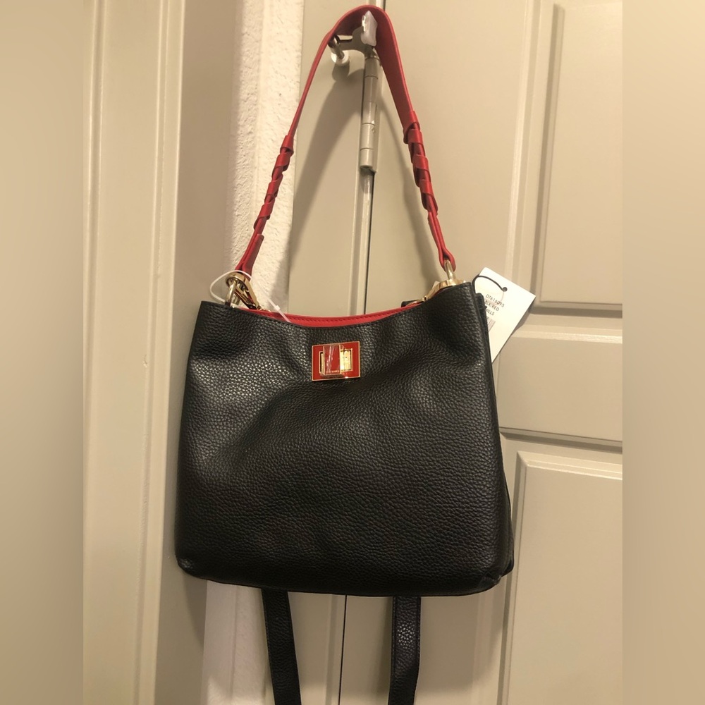STEVE MADDEN NWT Black Shoulder Bag with Red Strap and Textured Material